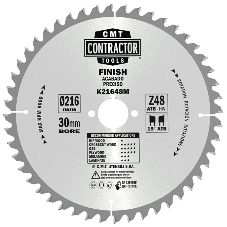 CMT Piła do uniwersalnego cięcia drewna K CONTRACTOR® D216 d30 K2,4 c1,6 Z48 K21648M
